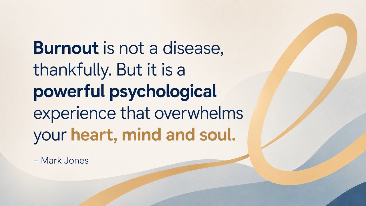 Burnout is not a disease, thankfully. But it is a powerful psychological experience that overwhelms your heart, mind and soul. – Mark Jones